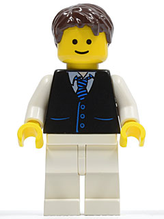 Preowned LEGO® Minifigure – Town twn190 Black Vest w/Blue Striped Tie White Legs Dark Brown