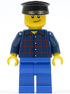 Preowned LEGO® Minifigure – Town twn195 Plaid Button Shirt Blue Legs Black Hat Lopsided Smi