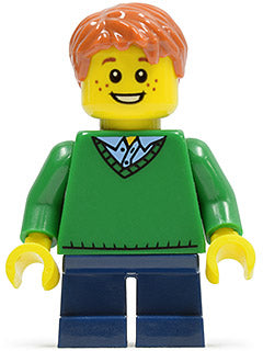 Preowned LEGO® Minifigure – Town twn197 Boy Green V-Neck Sweater Dark Blue Short Legs