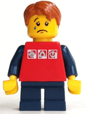Preowned LEGO® Minifigure – Town twn214 Red Shirt w/3 Silver Logos Dark Blue Arms Dark Blue