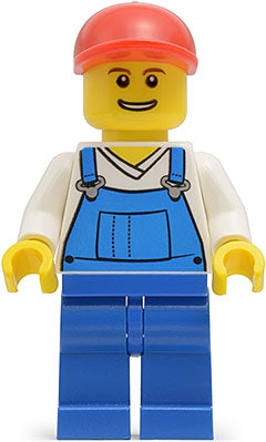 Preowned LEGO® Minifigure – Town twn216 Overalls Blue over V-Neck Shirt Blue Legs Red Short