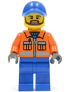 Preowned LEGO® Minifigure – Town twn231 Construction Worker Orange Zipper Safety Stripes Or