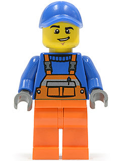 Preowned LEGO® Minifigure – Town twn232 Overalls w/Safety Stripe Orange Orange Legs Blue Ca