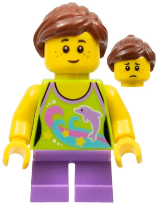 Preowned LEGO® Minifigure – Town twn241 Girl Dolphin Top Short Medium Lavender Legs Reddish