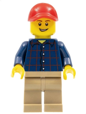 Preowned LEGO® Minifigure – Town twn246 Plaid Button Shirt Dark Tan Legs Red Cap w/Hole Lop