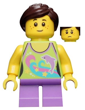 Preowned LEGO® Minifigure – Town twn265 Girl Dolphin Top Short Medium Lavender Legs Dark Br
