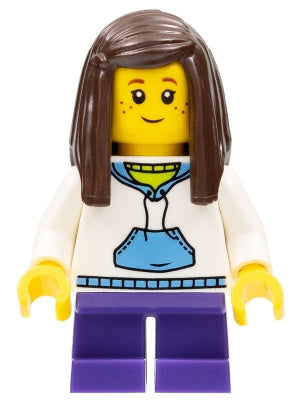 Preowned LEGO® Minifigure – Town twn266 Child Girl White Hoodie w/Medium Blue Pocket Dark P