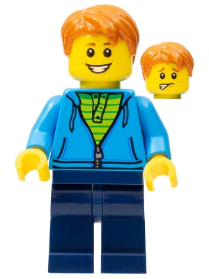 Preowned LEGO® Minifigure – Town twn287 Dark Azure Hoodie w/Green Striped Shirt Dark Blue L