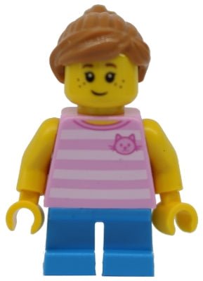 Preowned LEGO® Minifigure – Town twn293 Child Girl Bright Pink Striped Shirt w/Cat Head Dar