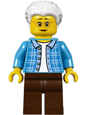 Preowned LEGO® Minifigure – Town twn294 Grandma Dark Azure Plaid Jacket w/Collar Dark Brown