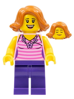 Preowned LEGO® Minifigure – Town twn330 Woman Striped Pink Shirt w/Flower Necklace Dark Pur