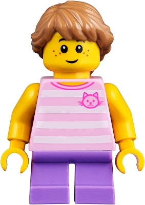 Preowned LEGO® Minifigure – Town twn356 Child Girl Bright Pink Striped Shirt w/Cat Head Med