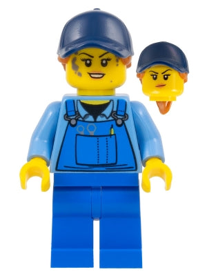 Preowned LEGO® Minifigure – Town twn358a Mechanic Female Blue Overalls over Medium Blue Shi