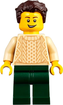 Preowned LEGO® Minifigure – Town twn359 Man w/Dark Brown Hair Tan Sweater and Dark Green Le