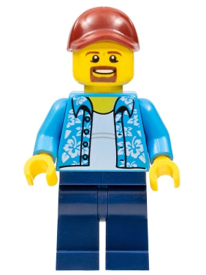 Preowned LEGO® Minifigure – Town twn369 Man w/Hawaiian Shirt Dark Blue Legs Dark Red Cap