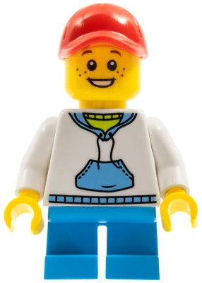 Preowned LEGO® Minifigure – Town twn372 Child Boy White Hoodie w/Medium Blue Pocket Dark Az