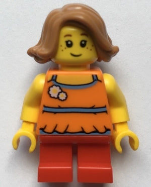 Preowned LEGO® Minifigure – Town twn376 Child Girl Orange Halter Top w/Flowers Red Short Le