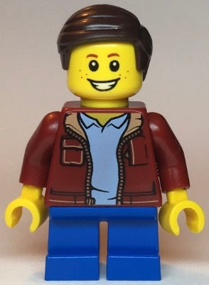 Preowned LEGO® Minifigure – Town twn382 Child Boy Dark Red Jacket Blue Short Legs Dark Brow