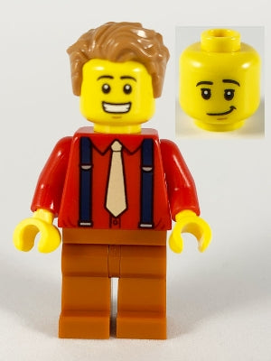 Preowned LEGO® Minifigure – Town twn386 Male Medium Nougat Hair Red Shirt Tan Tie Dark Blue