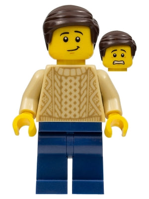 Preowned LEGO® Minifigure – Town twn388 Male w/Tan Knit Sweater Dark Blue Legs and Dark Bro