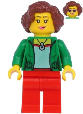 Preowned LEGO® Minifigure – Town twn399 Female w/Green Jacket Red Legs Reddish Brown Hair