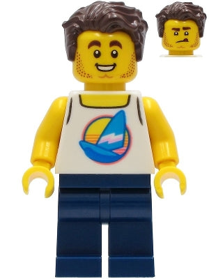 Preowned LEGO® Minifigure – Town twn407 Surfer Male White Tank Top w/Dark Azure Sailboat Da