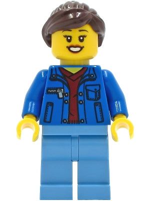 Preowned LEGO® Minifigure – Town twn409 Woman Blue Jacket over Dark Red V-Neck Sweater Medi