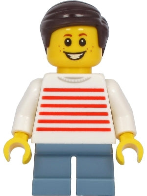 LEGO® Minifigure Town twn415 Boy White Sweater w/Red Horizontal Stripes Sand Blu