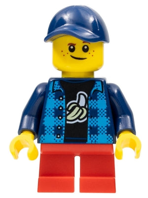 Preowned LEGO® Minifigure – Town twn426 Boy Dark Blue Banana Shirt Red Short Legs Crooked D