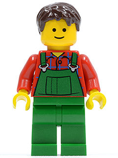 Preowned LEGO® Minifigure – Town twn445 Overalls Farmer Green Dark Brown Short Tousled Hair