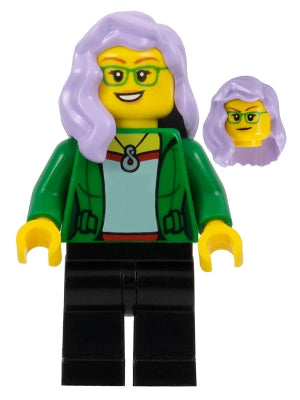 Preowned LEGO® Minifigure – Town twn447 Woman Green Jacket Lavender Hair