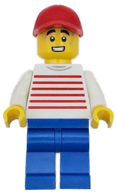 Preowned LEGO® Minifigure – Town twn493 Retro Food Truck Vendor - Male, White Sweater with Red Horizontal Stripes, Blue