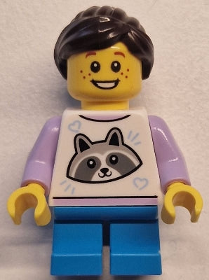 Preowned LEGO® Minifigure – Town twn498 Child - Girl, White Top with Raccoon, Dark Azure Short Legs, Dark Brown Hair Pon