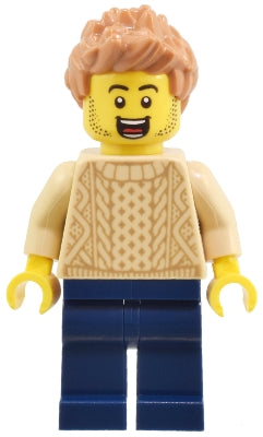 Preowned LEGO® Minifigure – Town twn503 Adult - Male, Tan Knit Cable Sweater, Dark Blue Legs, Medium Nougat Spiked Hair