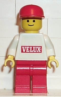 Preowned LEGO® Minifigure – Town vel001 Velux Sticker on White Torso Red Legs Red Cap