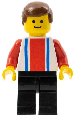 Preowned LEGO® Minifigure – Town ver003 Vertical Lines Red & Blue Red Arms Black Legs Brown