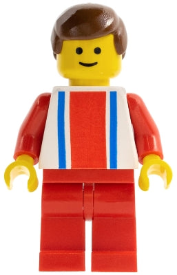 Preowned LEGO® Minifigure – Town ver009 Vertical Lines Red & Blue Red Arms Red Legs Brown M