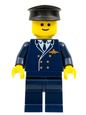 Preowned LEGO® Minifigure – Town wc025 Airport Pilot Dark Blue Legs Dark Blue Top Black Hat