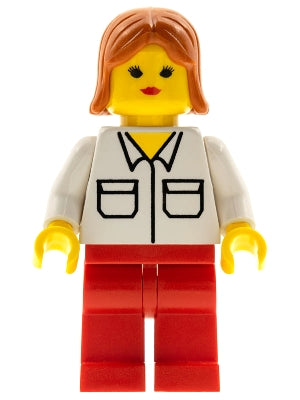 Preowned LEGO® Minifigure – Town wc029 Shirt w/2 Pockets Red Legs Dark Orange Female Hair