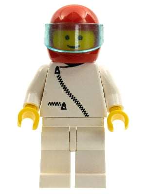 Preowned LEGO® Minifigure – Town zip006 Jacket w/Zipper White White Legs Red Helmet Trans-L
