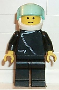 Preowned LEGO® Minifigure – Town zip020 Jacket w/Zipper Black Black Legs White Helmet Trans