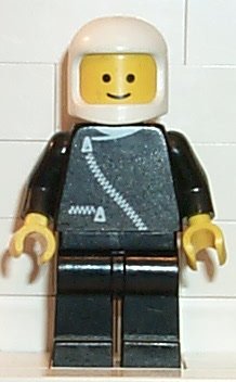 Preowned LEGO® Minifigure – Town zip021 Jacket w/Zipper Black Black Legs White Classic Helm