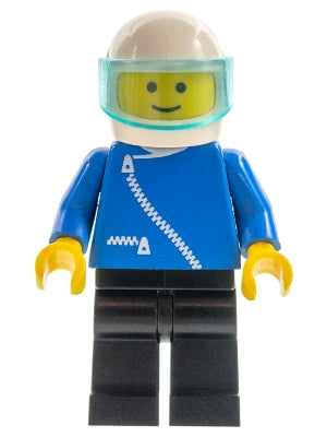 Preowned LEGO® Minifigure – Town zip026 Jacket w/Zipper Blue Black Legs White Helmet Trans-