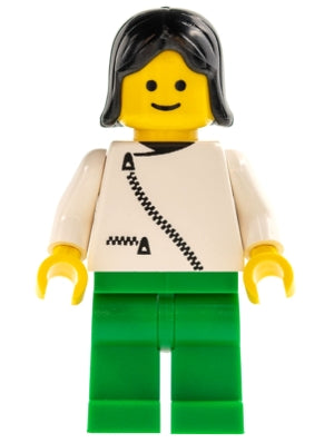 Preowned LEGO® Minifigure – Town zip036 Jacket w/Zipper White Green Legs Black Female Hair