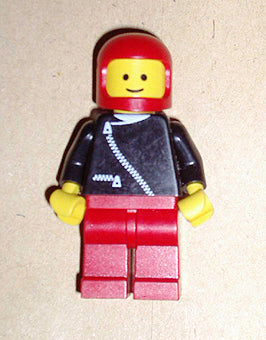 Preowned LEGO® Minifigure – Town zip041 Jacket w/Zipper Black Red Legs Red Classic Helmet