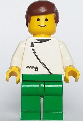 Preowned LEGO® Minifigure – Town zip046 Jacket w/Zipper White Green Legs Brown Male Hair