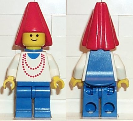 Preowned LEGO® Minifigure – Castle cas095 Maiden w/Necklace Blue Legs Cape Red Cone Hat Blu