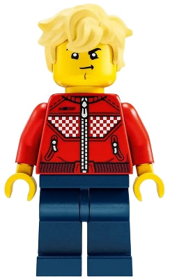 Preowned LEGO® Minifigure – DREAMZzz drm008 Cooper Red Racing Driver Jacket Dark Blue Legs