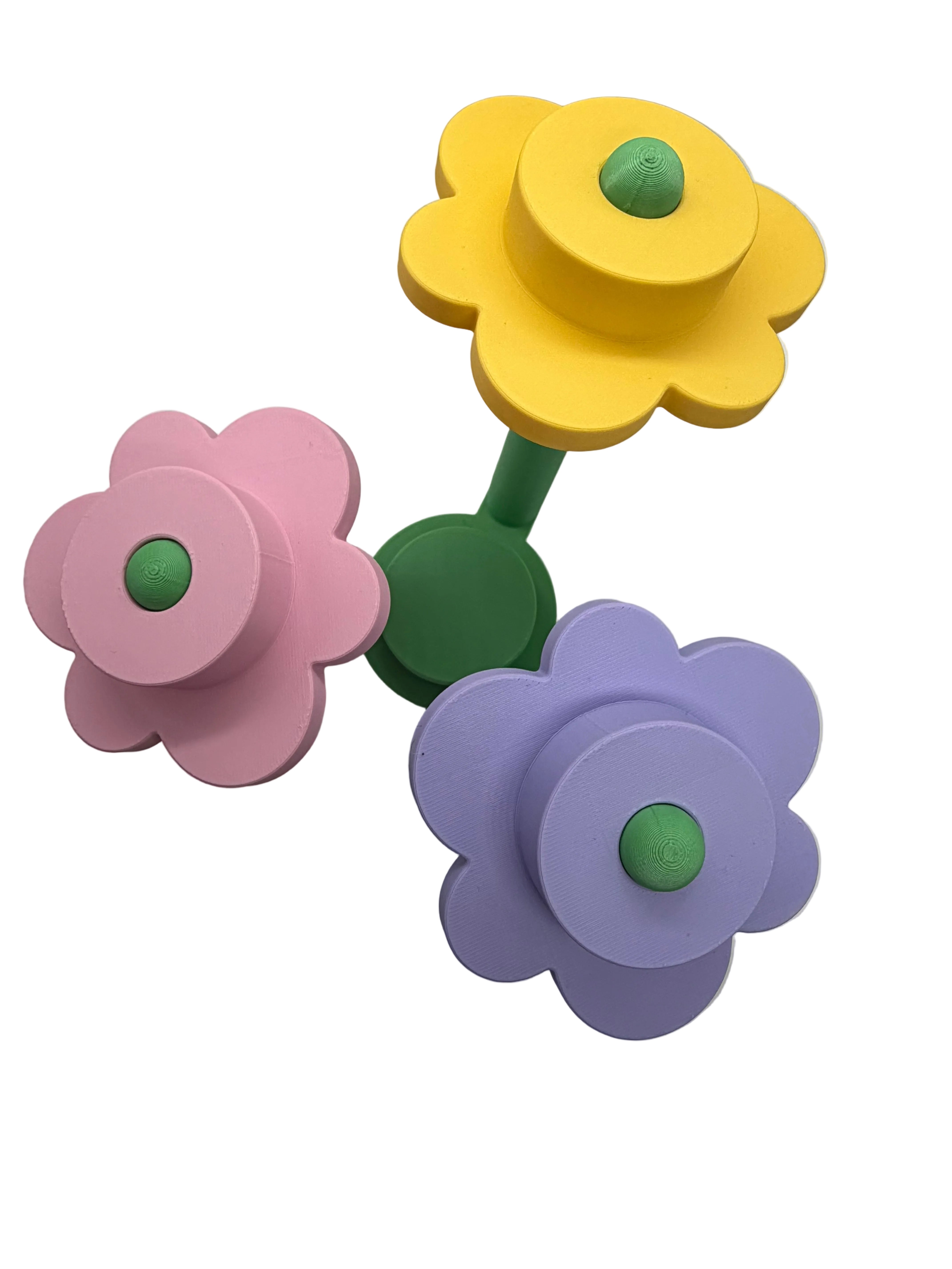 Top view of brick-style flower build kit showing layered petal design and 3D printed construction detail