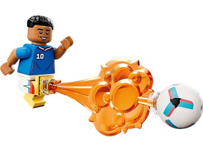 Toy figure of a soccer player with a large cleat and soccer ball, on a white background